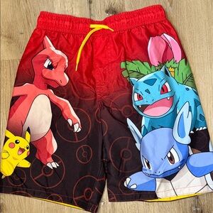 Pokemon Kids Red and Black Character Swim Shorts with Yellow Drawstring
